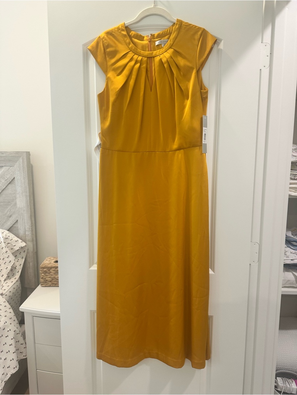 Kay Unger Mustard Yellow Pleated Neck Maxi Dress